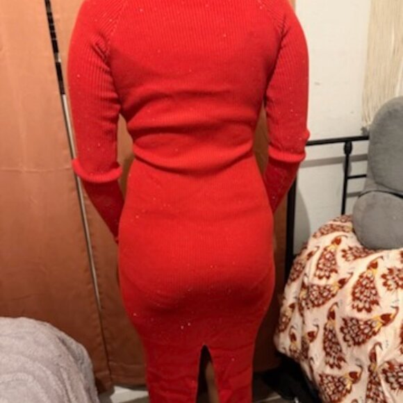 Guess Women's Red Cable Rib-Knit Sequins V-Neck Celia Sweater Dress Size XS - Picture 4 of 7